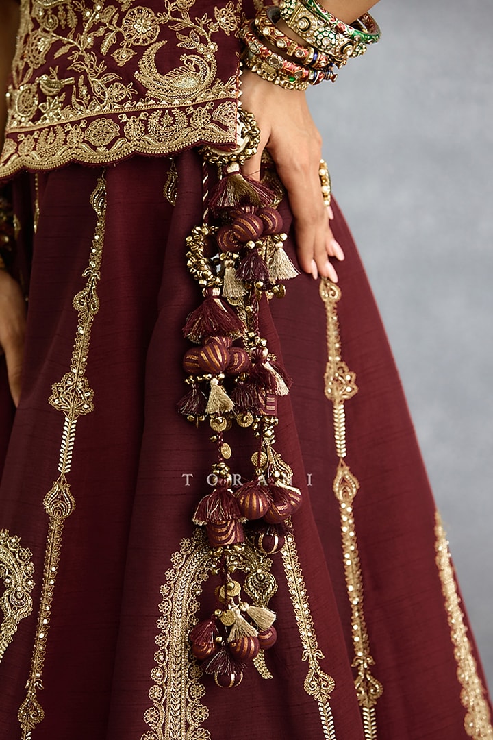 Maroon Silk & Organza Embroidered Bridal Lehenga Set by TORANI at Pernia's Pop Up Shop