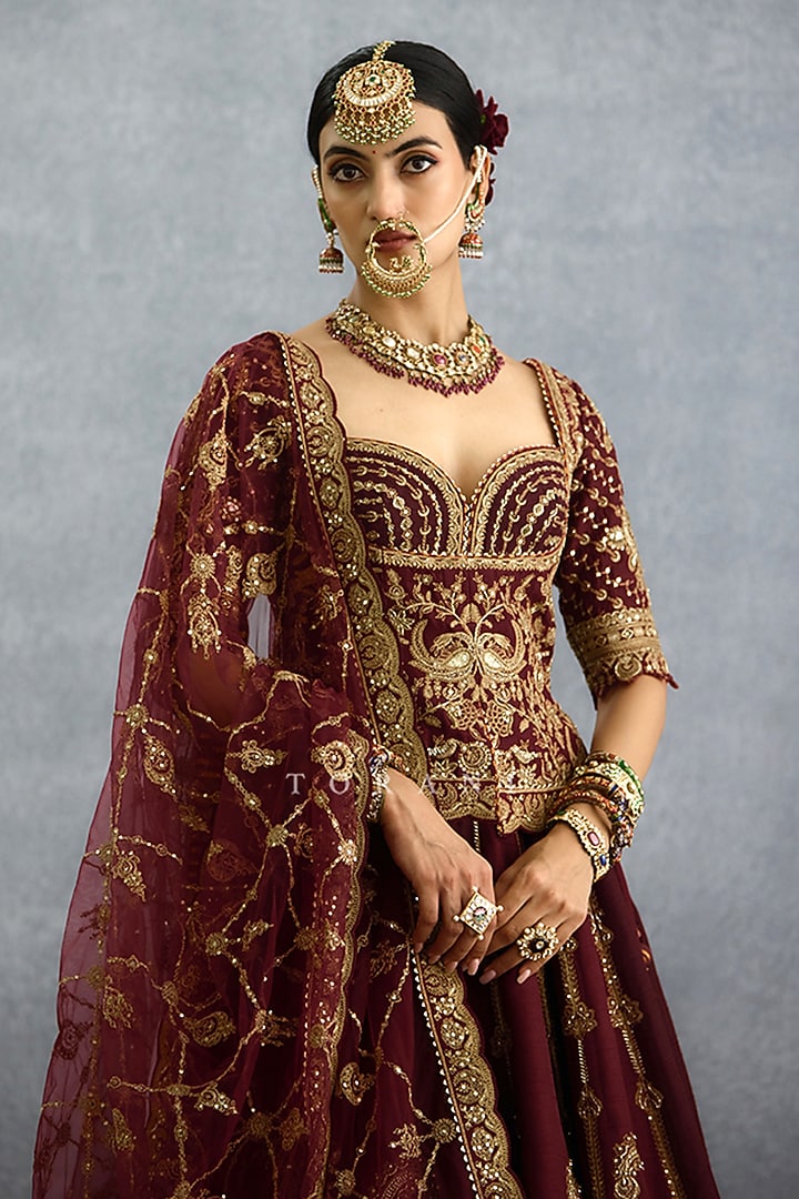 Maroon Silk & Organza Embroidered Bridal Lehenga Set by TORANI at Pernia's Pop Up Shop