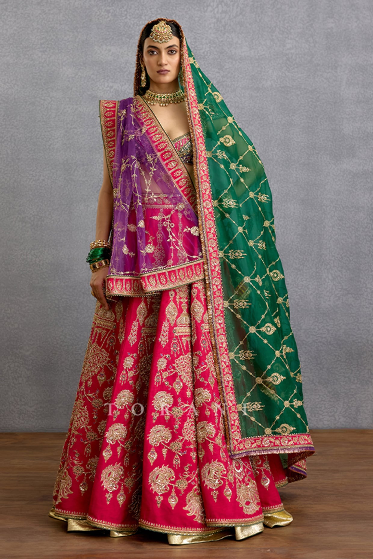 TORANI Multi-Colored Jeni Silk & Organza Embroidered Lehenga Set