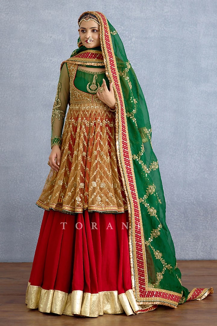 Multi-Colored Silk & Organza Embroidered Bridal Lehenga Set by TORANI at Pernia's Pop Up Shop