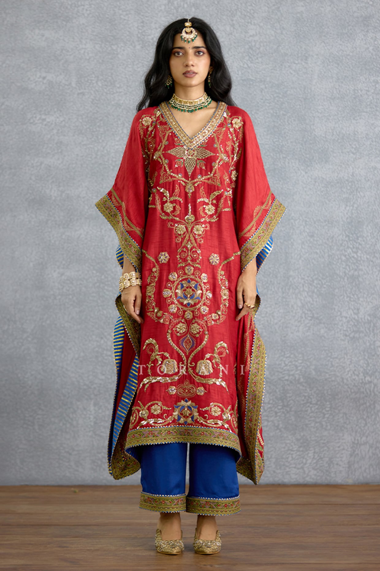 TORANI Red Dola Silk Embroidered Kaftan Set