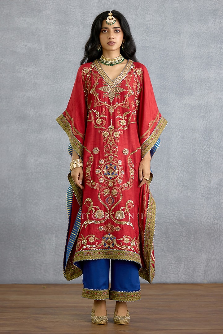 Red Dola Silk Embroidered Kaftan Set by TORANI at Pernia's Pop Up Shop