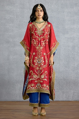 Red Dola Silk Embroidered Kaftan Set by TORANI