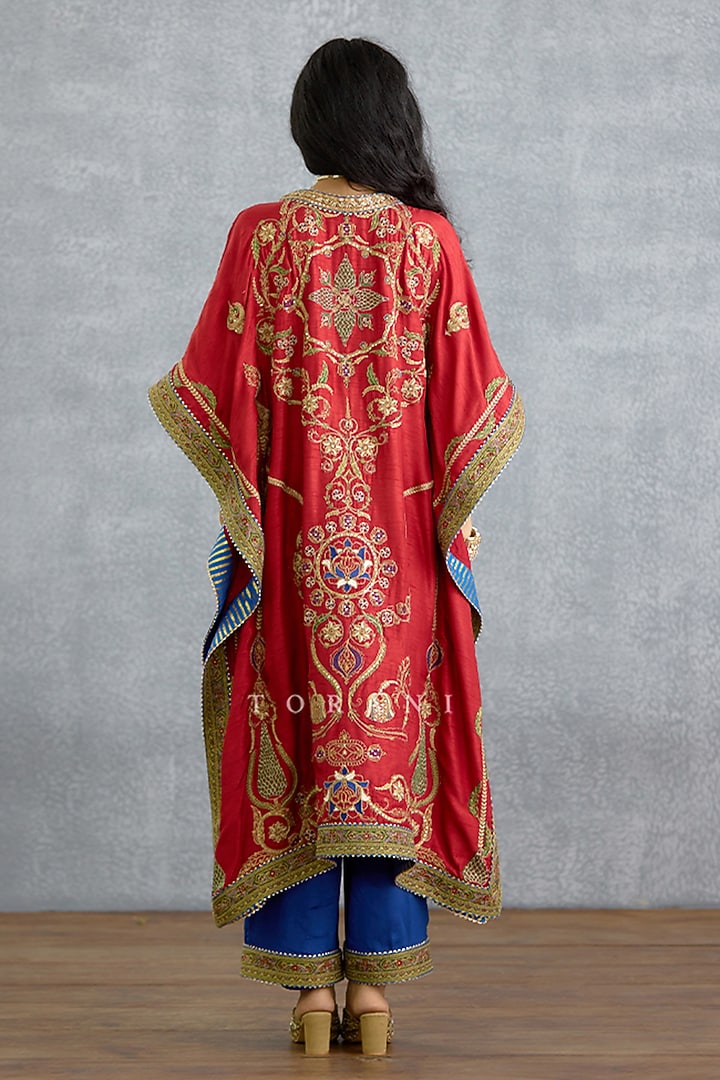 Red Dola Silk Embroidered Kaftan Set by TORANI at Pernia's Pop Up Shop