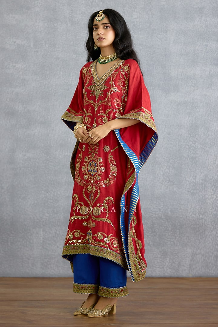 Red Dola Silk Embroidered Kaftan Set by TORANI at Pernia's Pop Up Shop