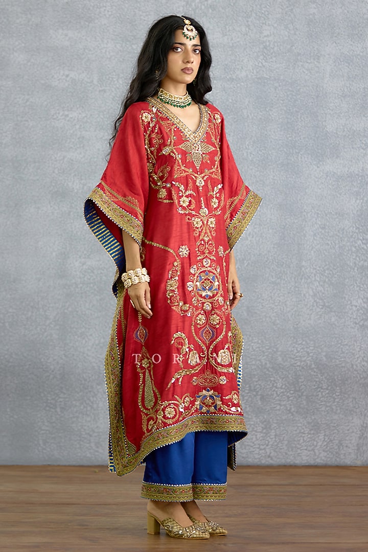 Red Dola Silk Embroidered Kaftan Set by TORANI at Pernia's Pop Up Shop
