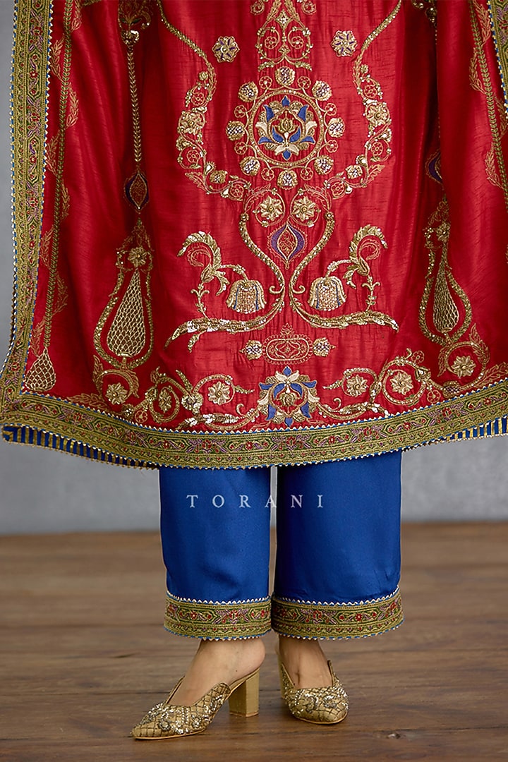Red Dola Silk Embroidered Kaftan Set by TORANI at Pernia's Pop Up Shop