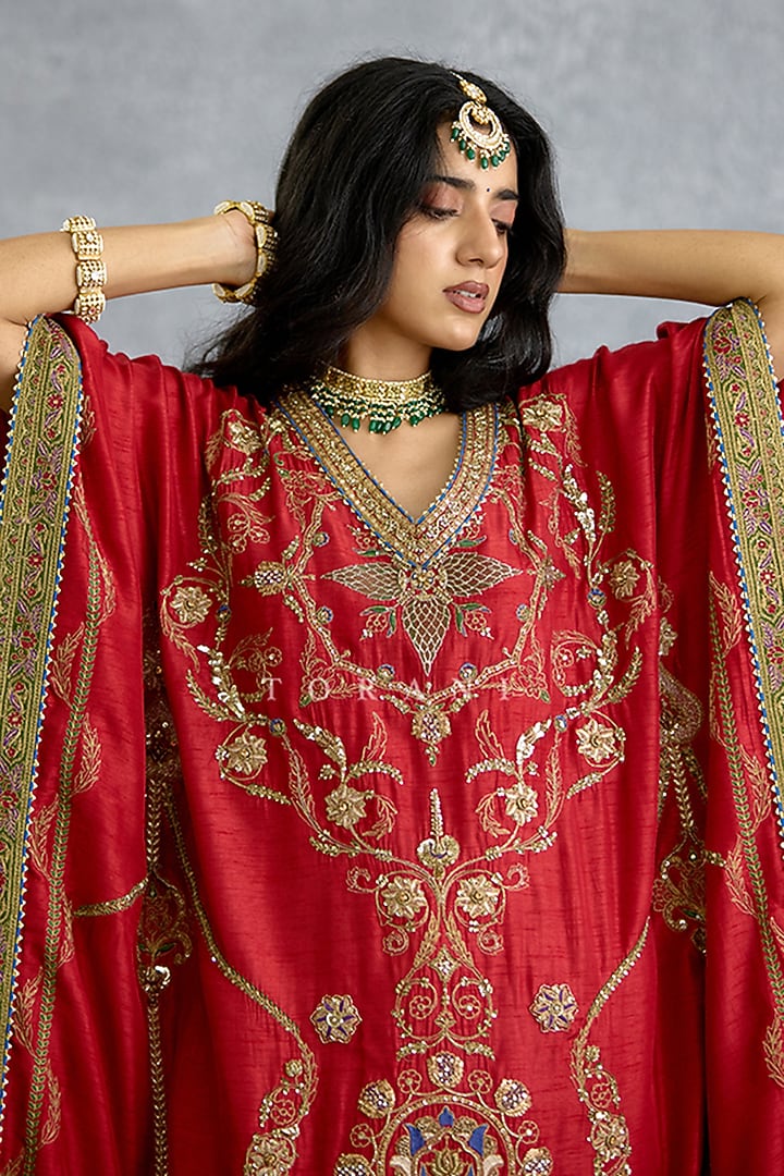 Red Dola Silk Embroidered Kaftan Set by TORANI at Pernia's Pop Up Shop