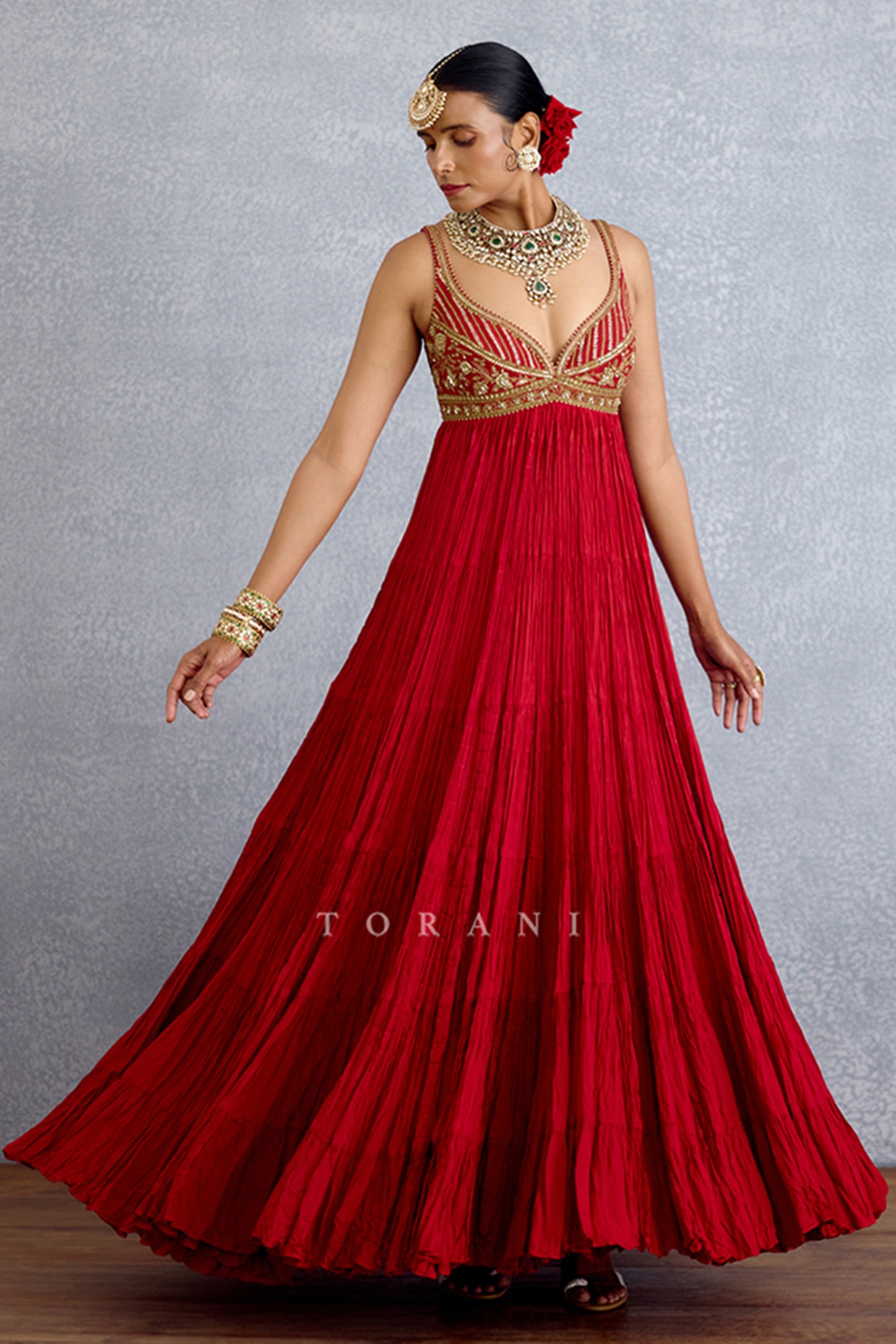 TORANI Red Silk Embroidered Maxi Dress