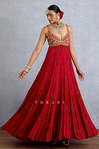 Red Silk Embroidered Maxi Dress by TORANI