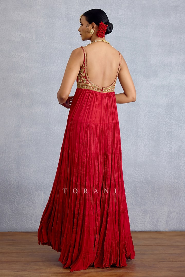 Red Silk Embroidered Maxi Party Wear Dress by TORANI at Pernia's Pop Up Shop