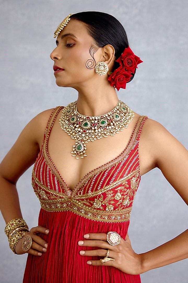 Red Silk Embroidered Maxi Party Wear Dress by TORANI at Pernia's Pop Up Shop