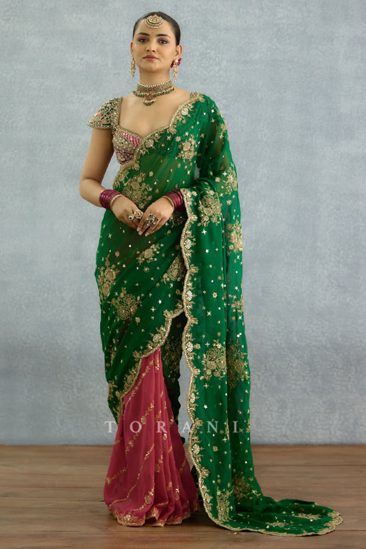 TORANI Green & Hot Pink Georgette Embroidered Saree Set