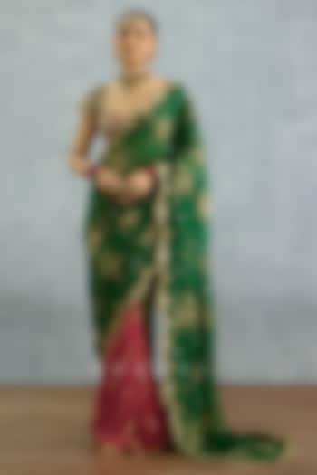 Green & Hot Pink Georgette Embroidered Reception Saree Set by TORANI at Pernia's Pop Up Shop