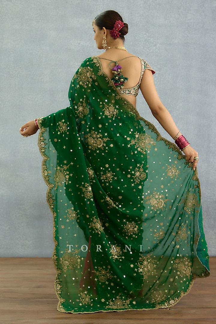 Green & Hot Pink Georgette Embroidered Reception Saree Set by TORANI at Pernia's Pop Up Shop