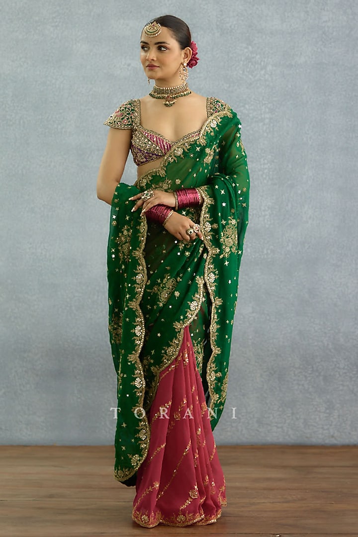 Green & Hot Pink Georgette Embroidered Reception Saree Set by TORANI at Pernia's Pop Up Shop