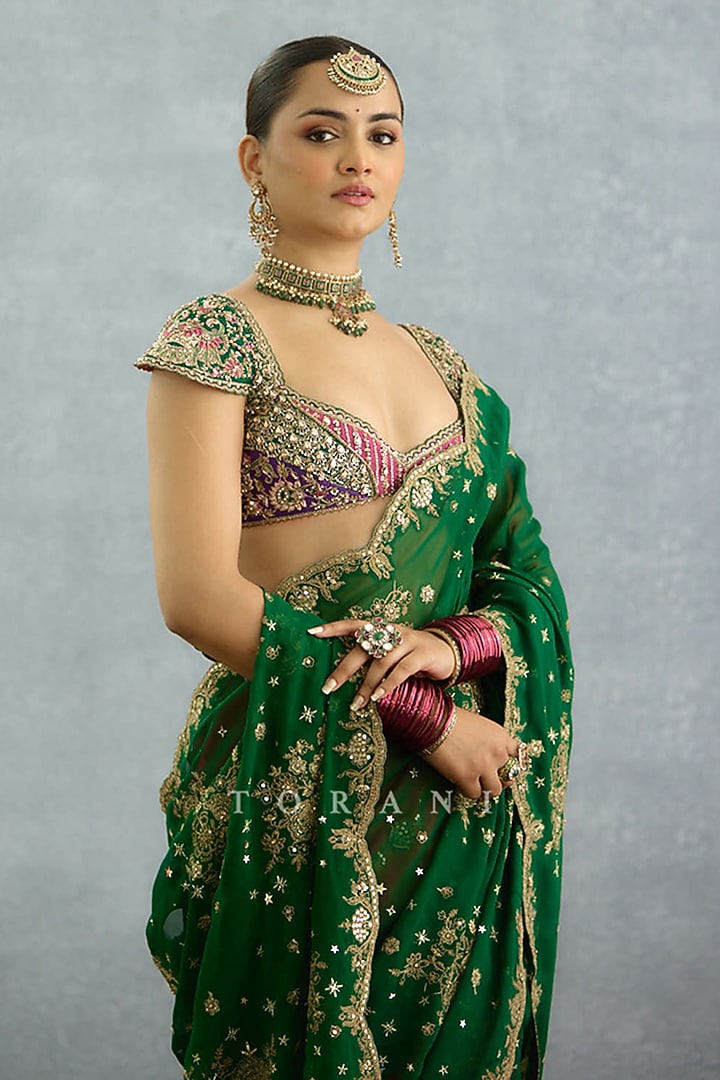 Green & Hot Pink Georgette Embroidered Reception Saree Set by TORANI at Pernia's Pop Up Shop