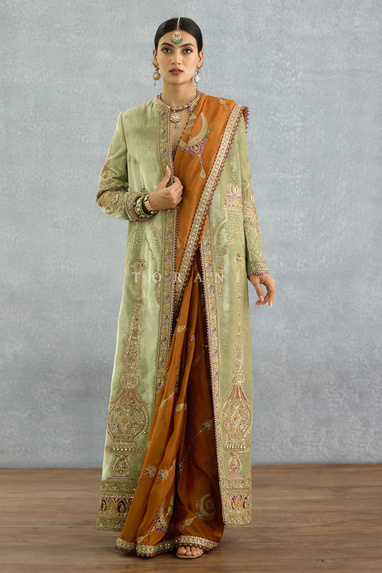 TORANI Ochre Velvet & Silk Embroidered Jacket Saree Set