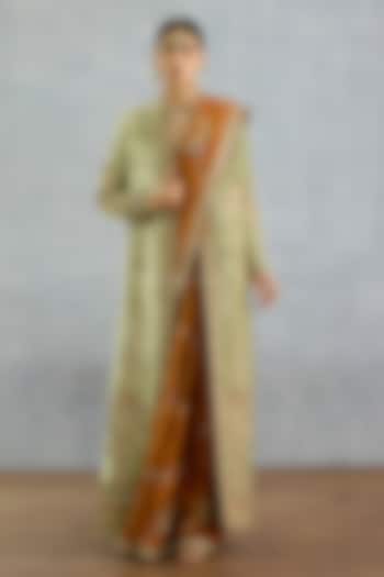 Ochre Velvet & Silk Embroidered Jacket Bridal Saree Set by TORANI at Pernia's Pop Up Shop
