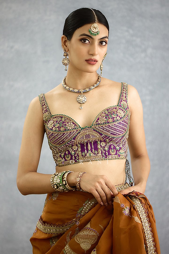 Ochre Velvet & Silk Embroidered Jacket Bridal Saree Set by TORANI at Pernia's Pop Up Shop