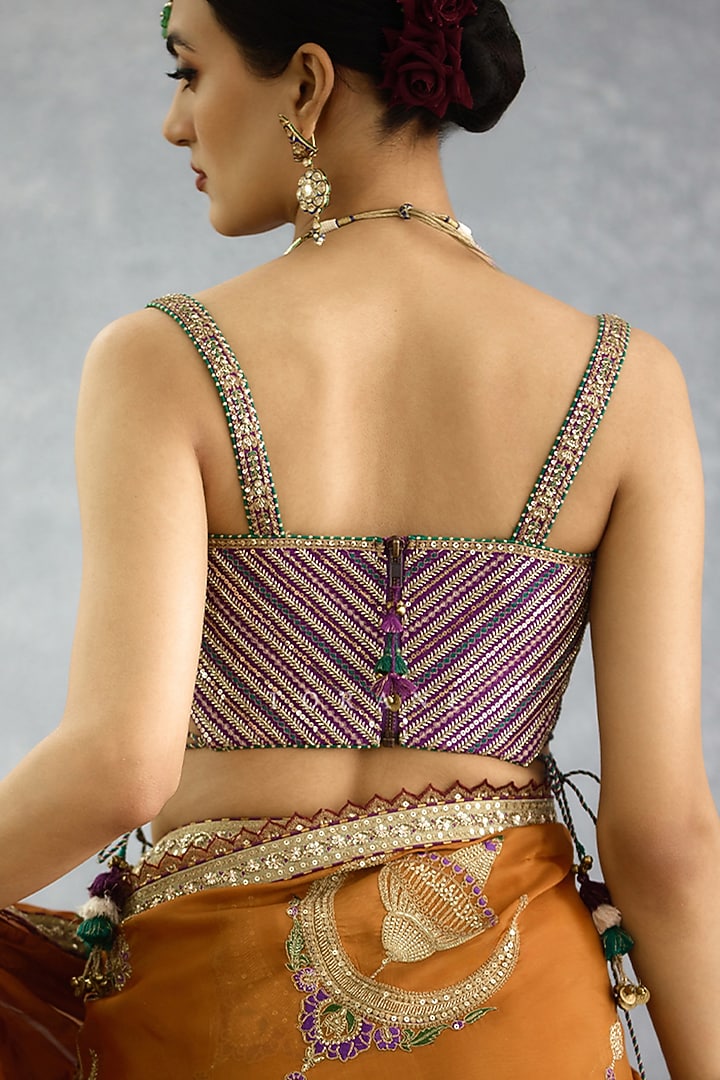 Ochre Velvet & Silk Embroidered Jacket Bridal Saree Set by TORANI at Pernia's Pop Up Shop