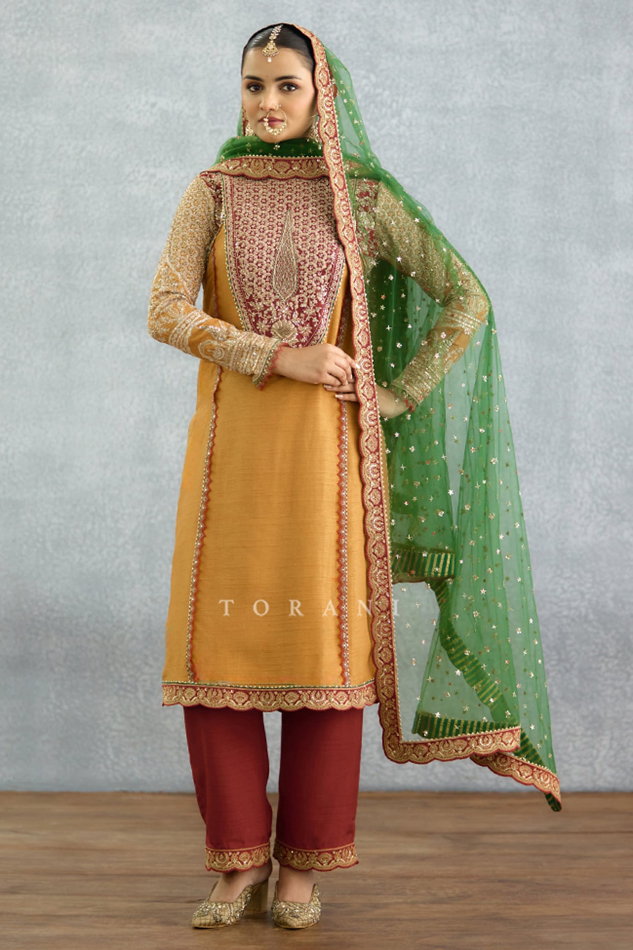 TORANI Yellow Jeni SIlk Embroidered Kurta Set