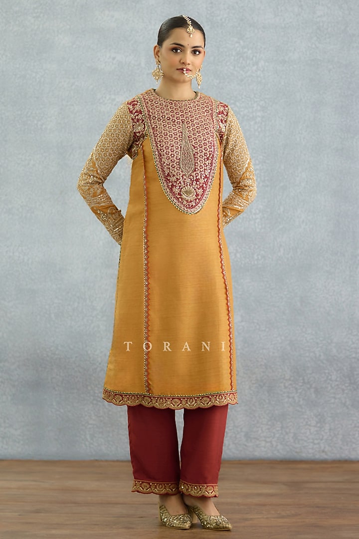 Yellow Jeni SIlk Embroidered Kurta Set by TORANI at Pernia's Pop Up Shop