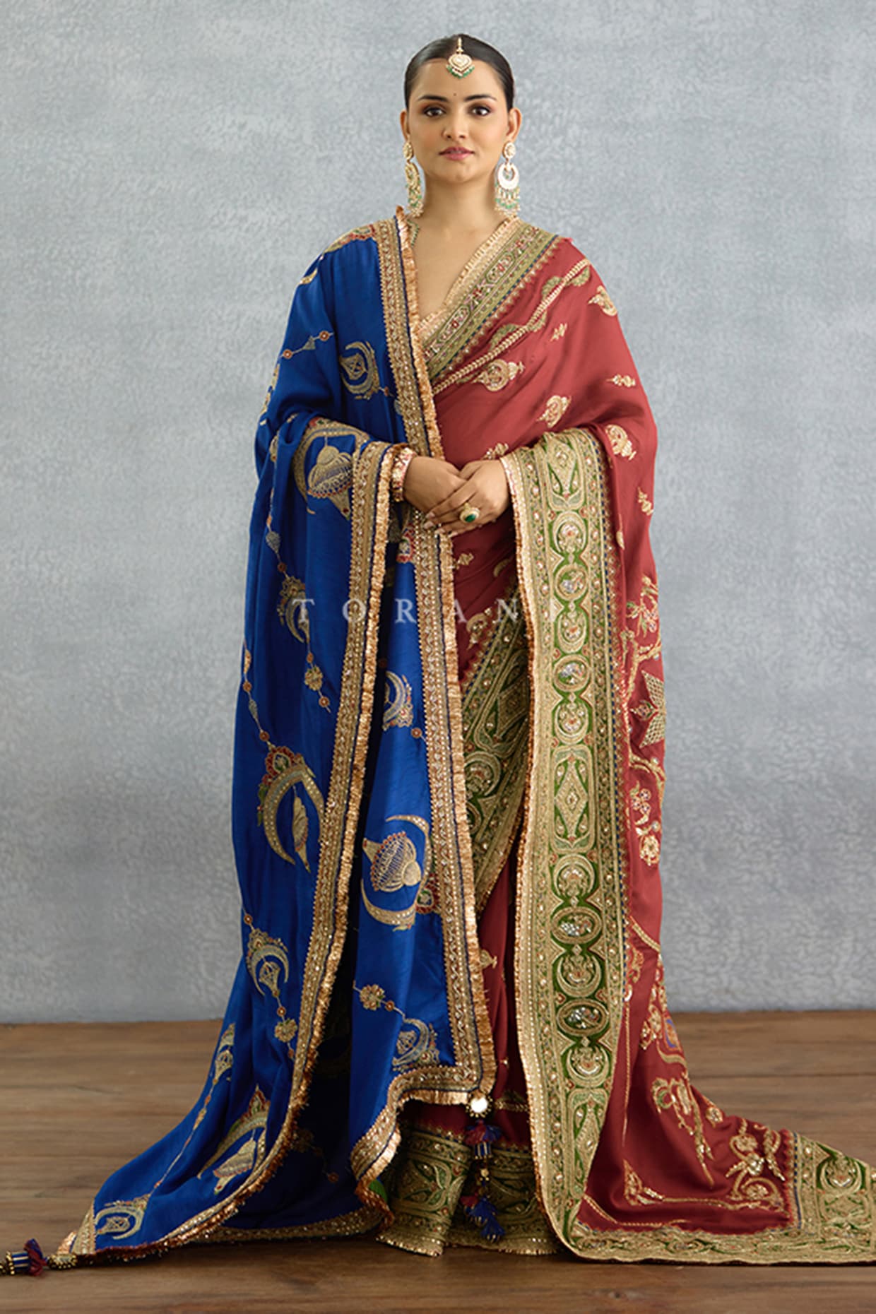 TORANI Maroon Dola Silk Dori Embroidered Saree Set