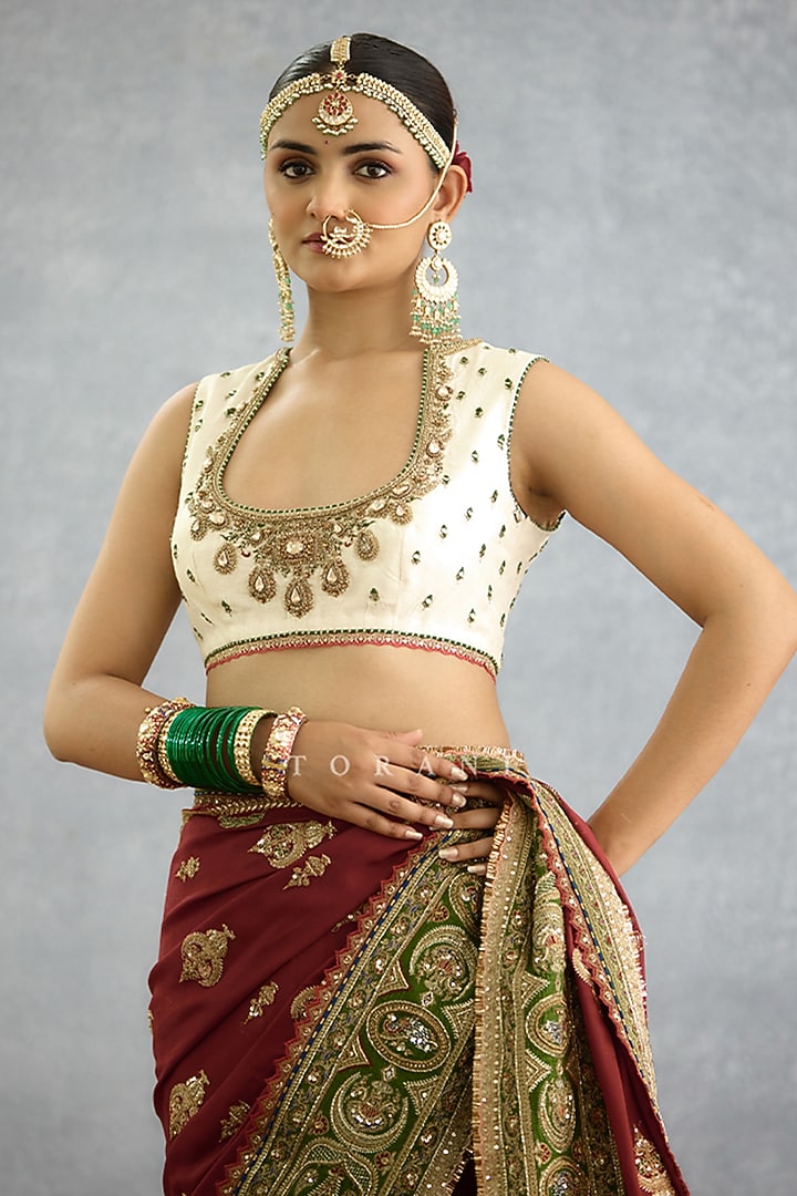 Maroon Dola Silk Dori Embroidered Bridal Saree Set by TORANI at Pernia's Pop Up Shop
