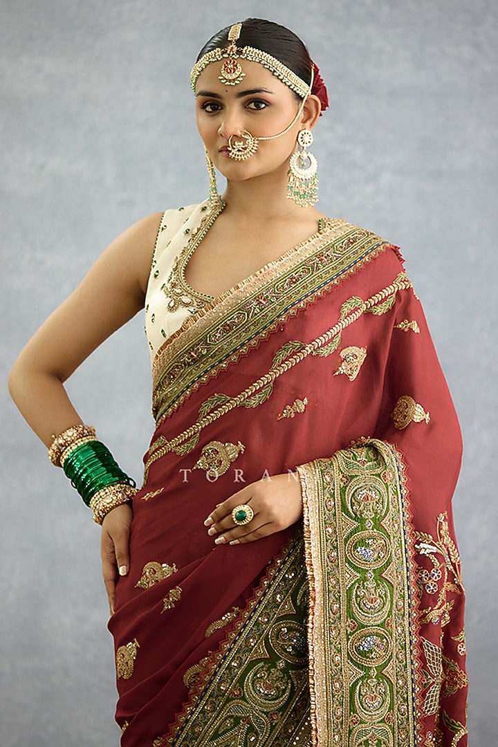 Maroon Dola Silk Dori Embroidered Bridal Saree Set by TORANI at Pernia's Pop Up Shop