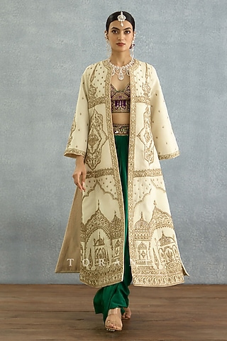 Green Silk Crepe Draped Skirt Set by TORANI