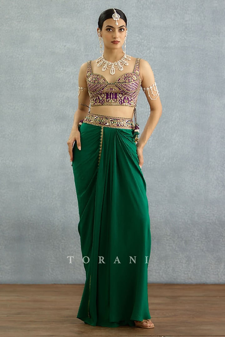 Green Silk Crepe Draped Skirt Set by TORANI at Pernia's Pop Up Shop