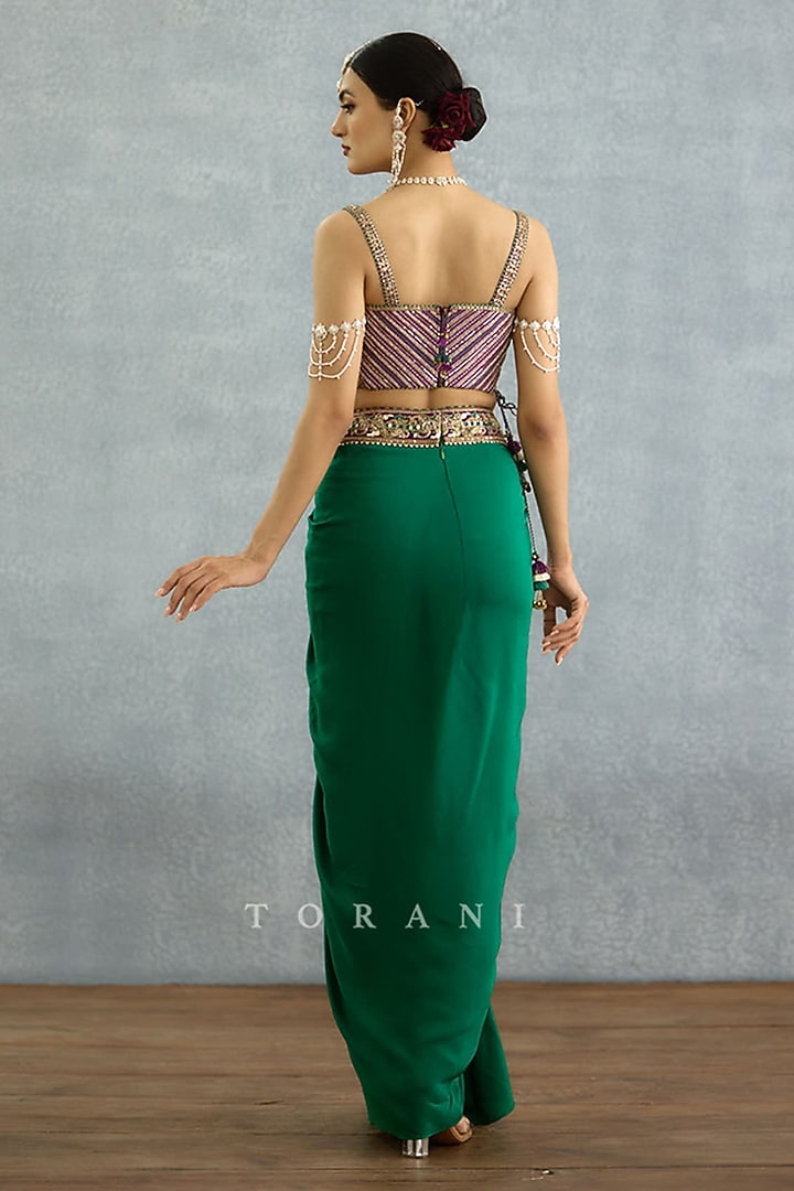 Green Silk Crepe Draped Skirt Set by TORANI at Pernia's Pop Up Shop