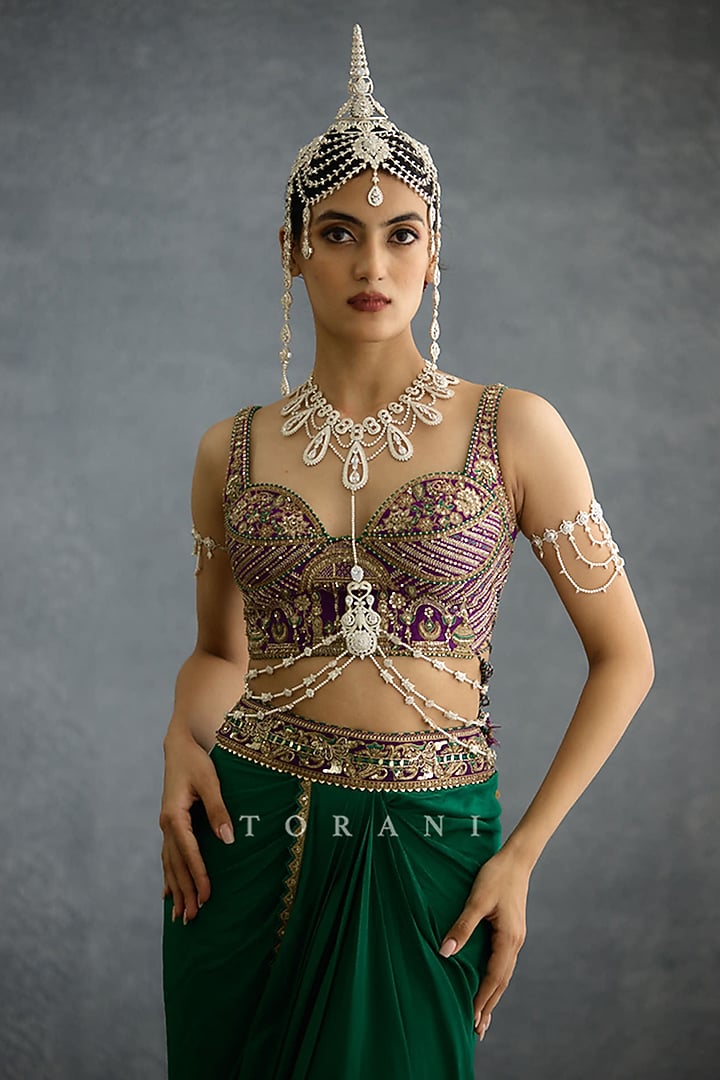 Green Silk Crepe Draped Skirt Set by TORANI at Pernia's Pop Up Shop