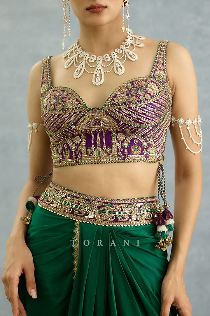 Green Silk Crepe Draped Skirt Set by TORANI at Pernia's Pop Up Shop