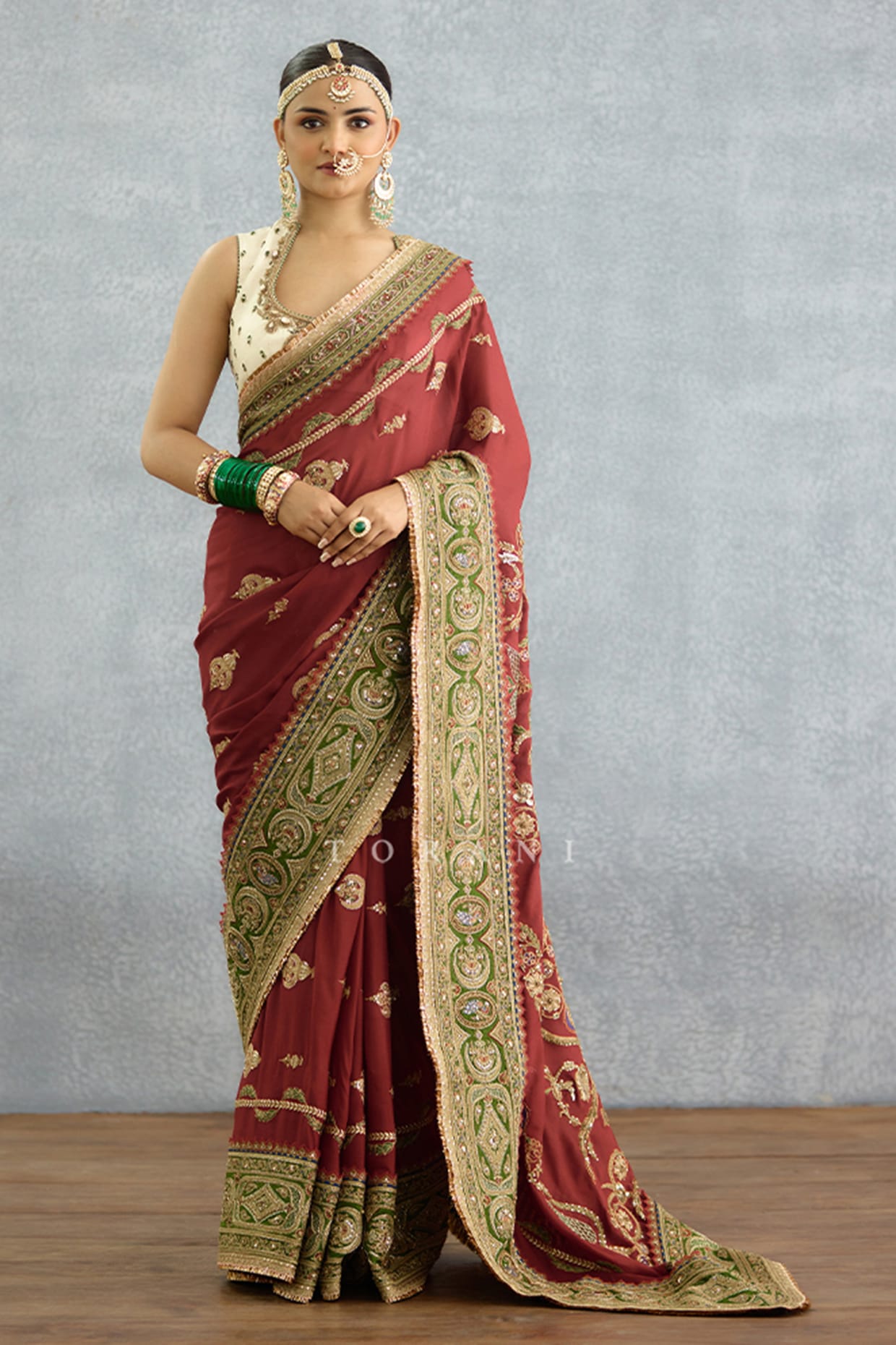 TORANI Maroon Dola Silk Dori Embroidered Saree