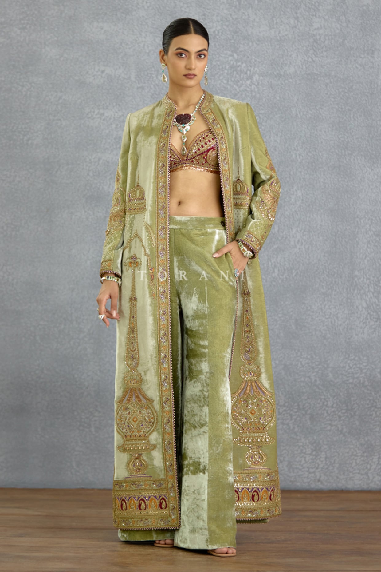 TORANI Green Jeni Silk Dabka Embroidered Jacket Set