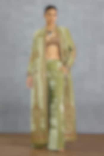 Green Jeni Silk Dabka Embroidered Jacket Set by TORANI at Pernia's Pop Up Shop