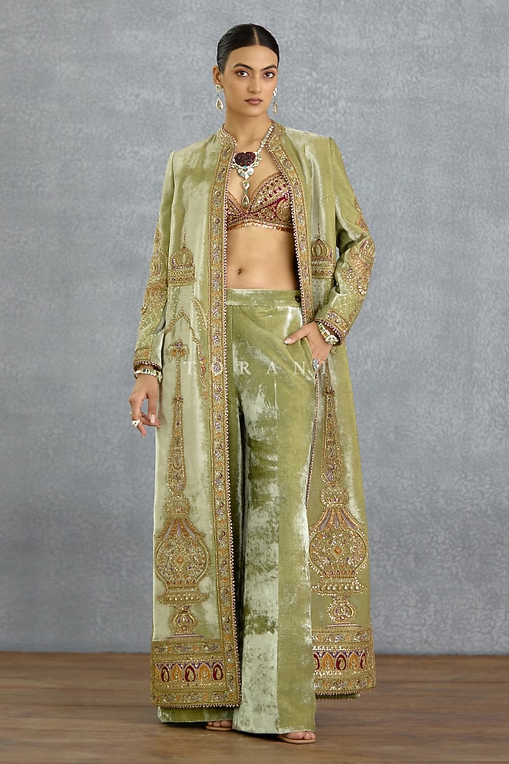 Green Jeni Silk Dabka Embroidered Jacket Set by TORANI at Pernia's Pop Up Shop