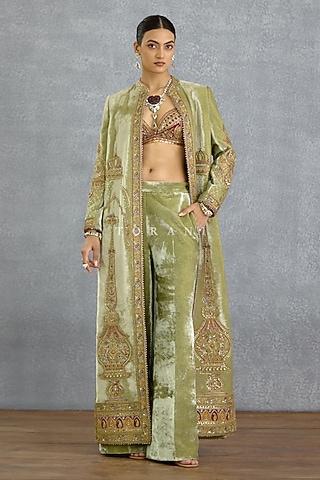 Green Jeni Silk Dabka Embroidered Jacket Set by TORANI