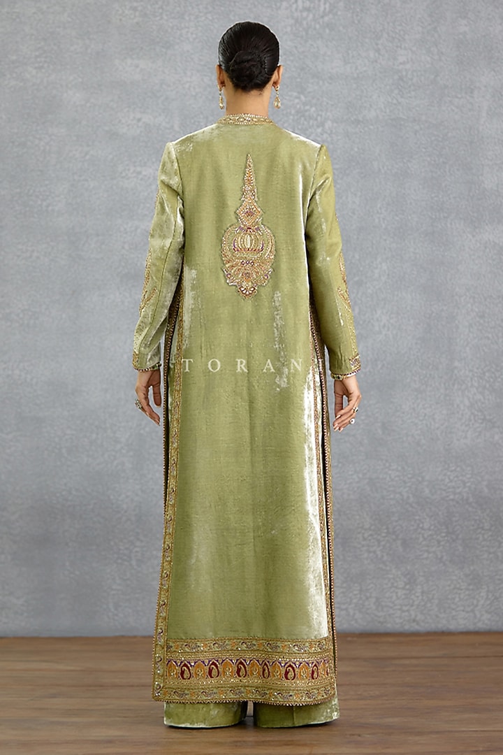 Green Jeni Silk Dabka Embroidered Jacket Set by TORANI at Pernia's Pop Up Shop