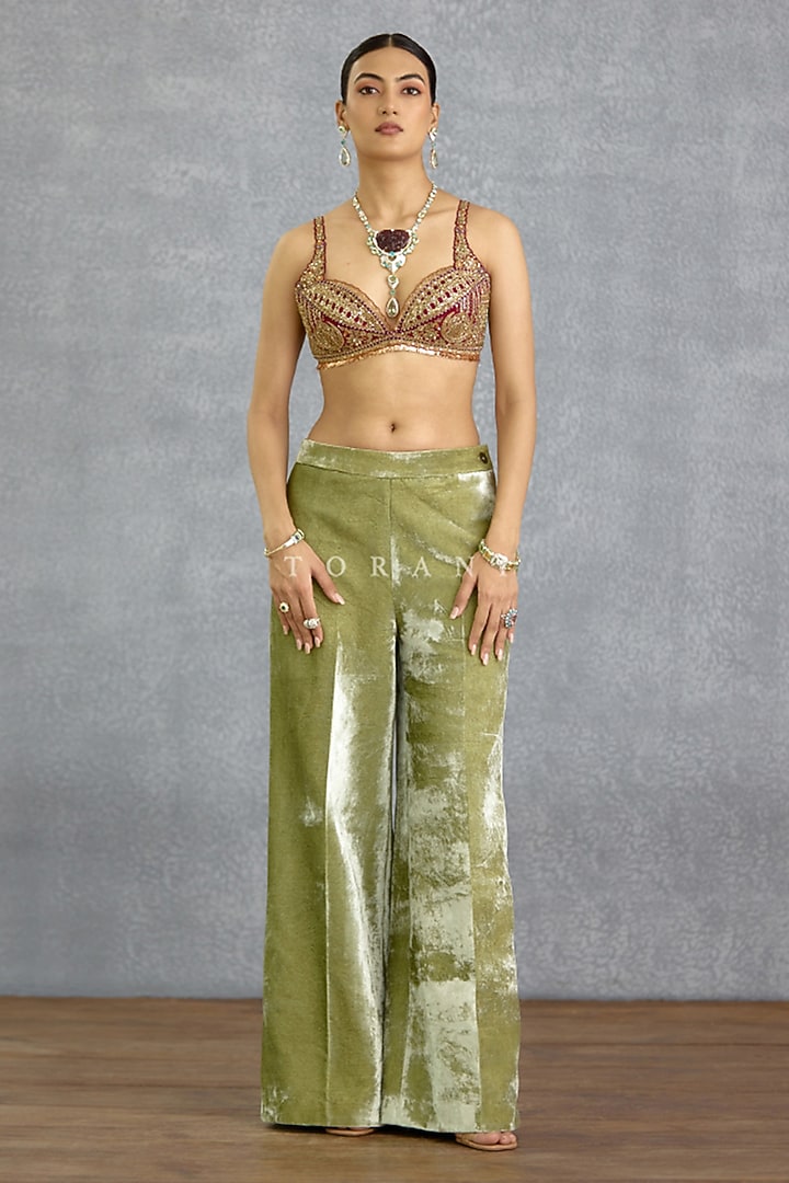 Green Jeni Silk Dabka Embroidered Jacket Set by TORANI at Pernia's Pop Up Shop
