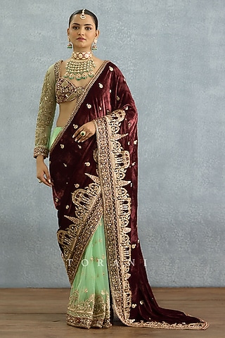 Green & Maroon Net Embroidered Blouse by TORANI