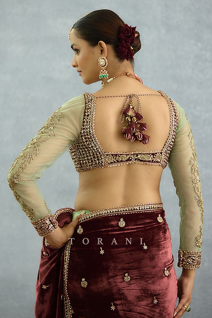 Green & Maroon Net Embroidered Blouse by TORANI at Pernia's Pop Up Shop