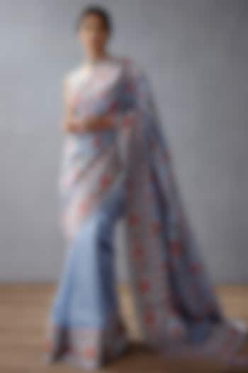 Sea Blue Handwoven Chanderi Digital & Hand Block Printed Saree Set by TORANI