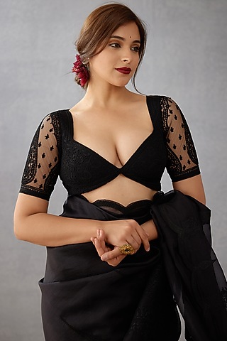 Ebony Black Net Embroidered Blouse by TORANI