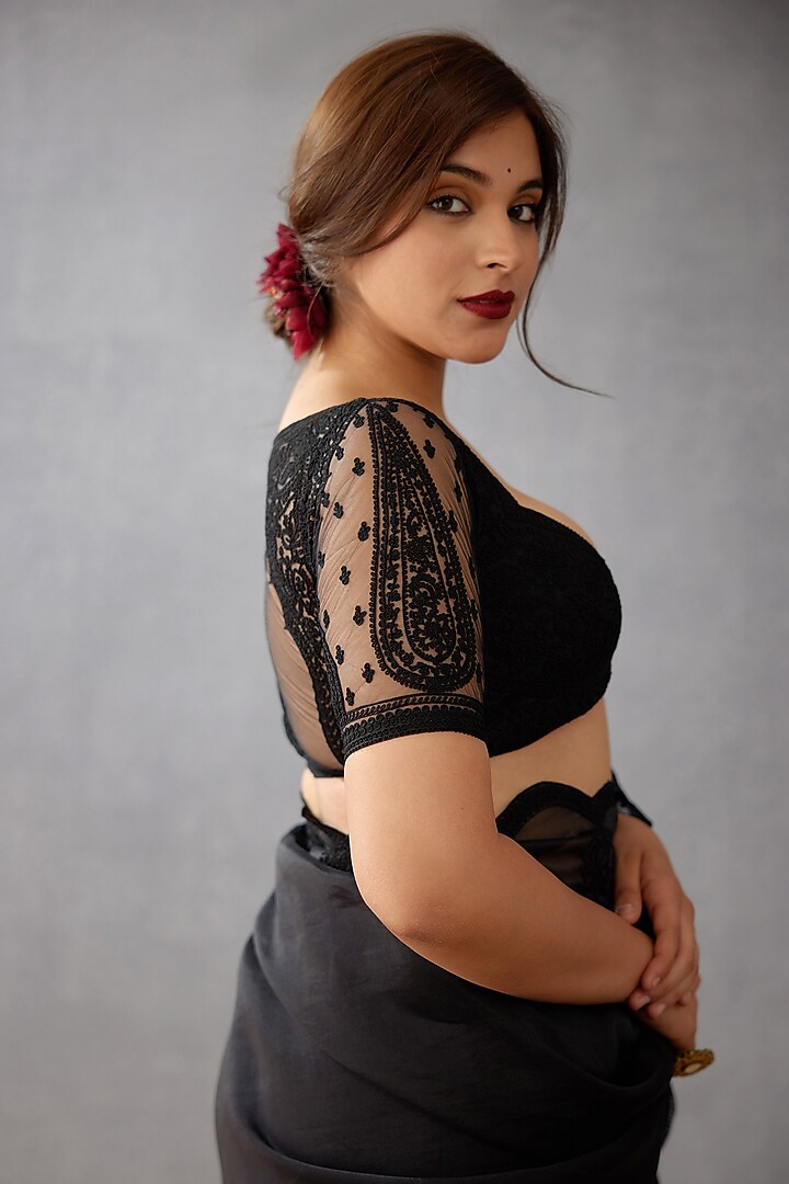 Ebony Black Net Embroidered Blouse by TORANI at Pernia's Pop Up Shop