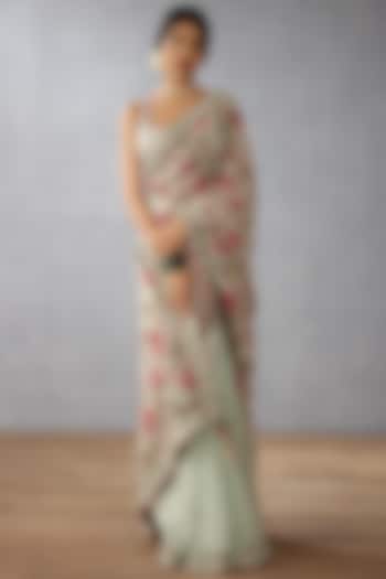 Sage Green Silk Organza & Handwoven Chanderi Digital Printed Reception Saree by TORANI at Pernia's Pop Up Shop
