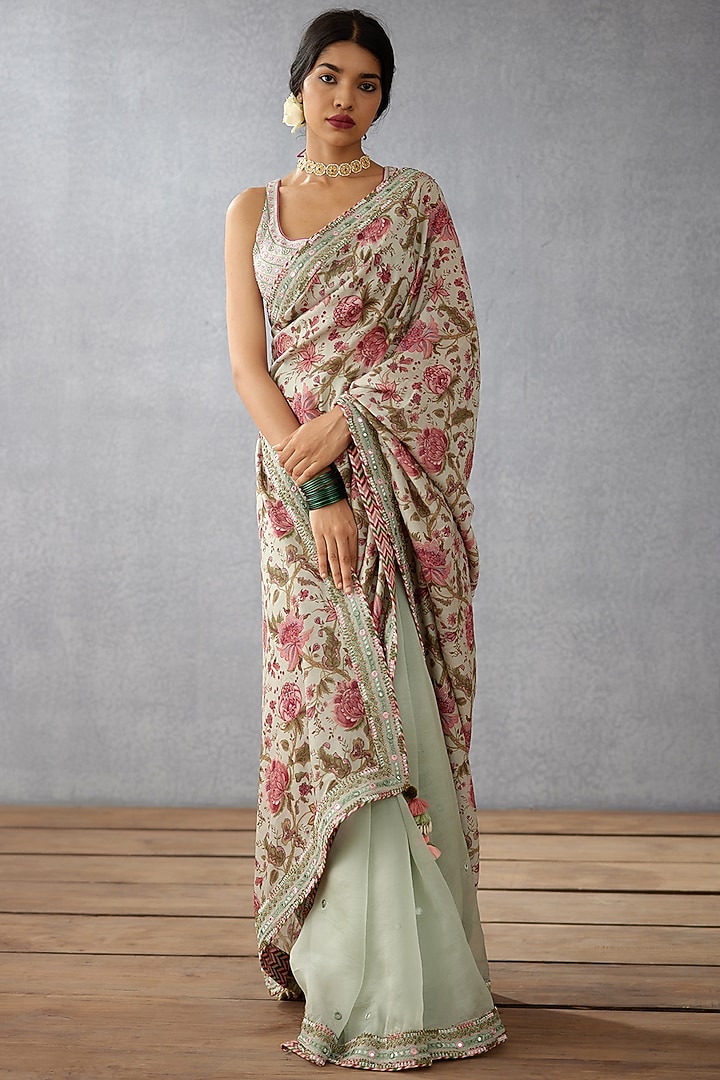 Sage Green Silk Organza & Handwoven Chanderi Digital Printed Reception Saree by TORANI at Pernia's Pop Up Shop
