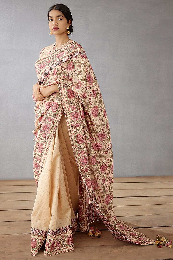 Musk Beige Printed & Embroidered Saree by TORANI